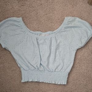 SO Pale Blue Eyelet Smocked Crop Top